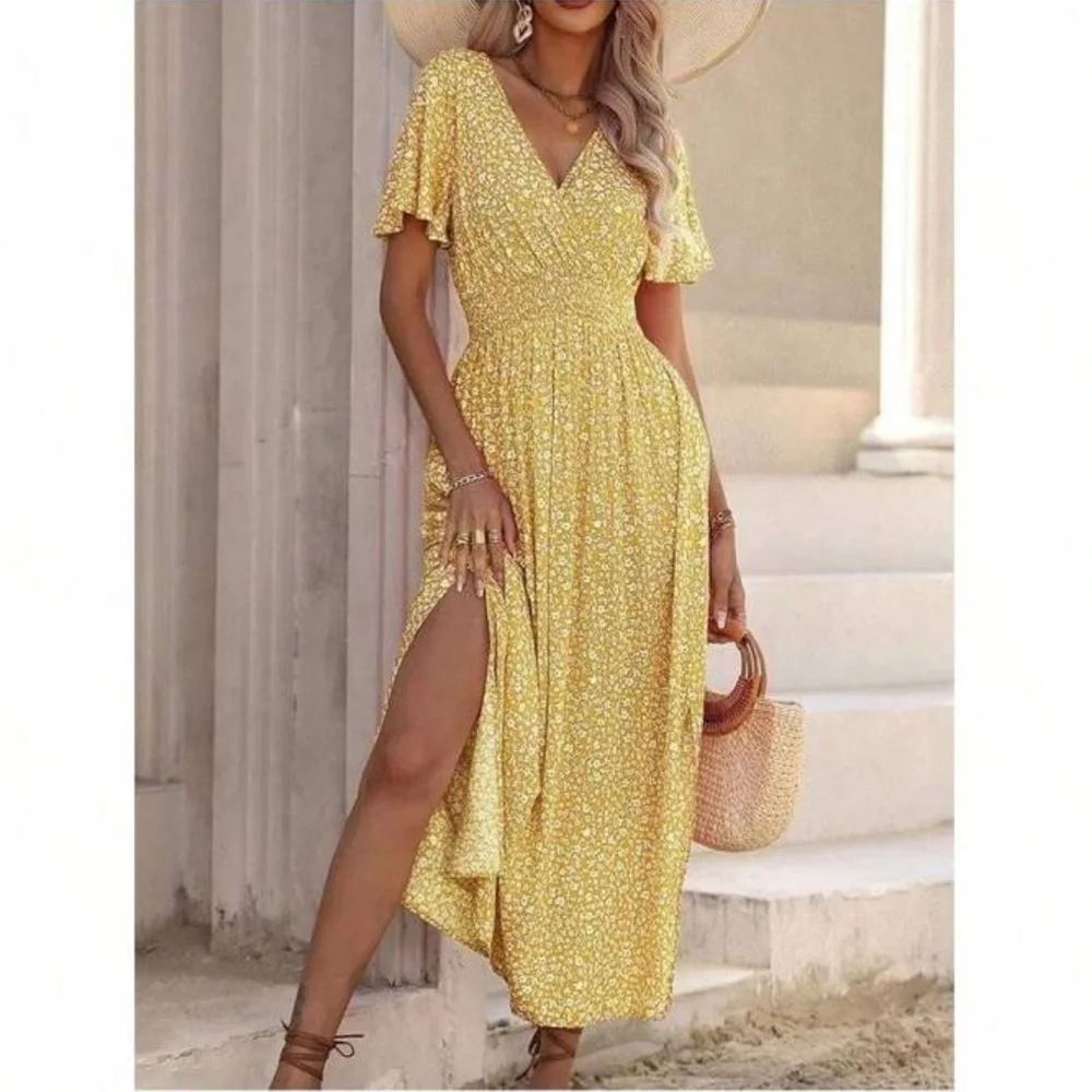 V neck flutter sleeve boho floral print maxi dress pink - Picture 6 of 6